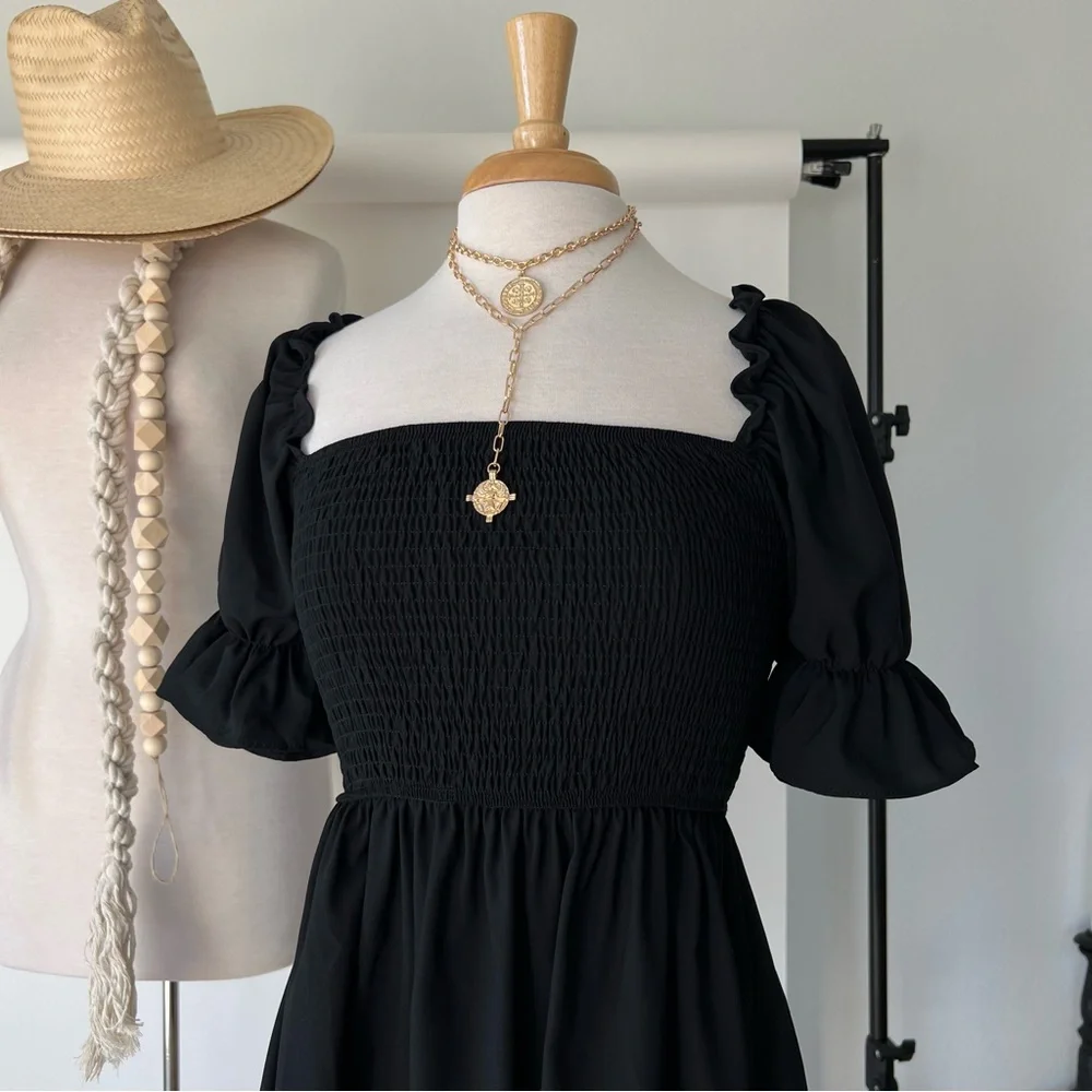 SQUARE NECK BLACK MINI DRESS - Picture 2 of 4